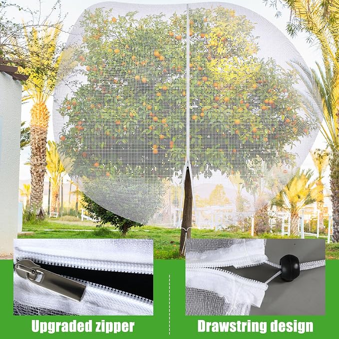 2 Pcs 12 x 12 ft Large Fruit Tree Netting for Protecting Fruit from Squirrels Birds Bug Deer & Rat Garden Mesh Netting with Zipper and Drawstring for Blueberry Peach Apple Garden Bushes