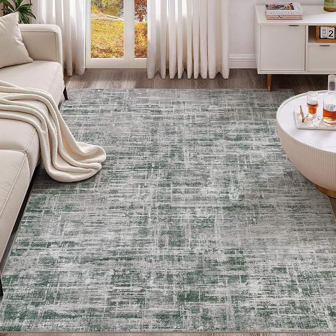 UERMEI 5x7 Area Rug for Living Room Washable Abstract Grey/Green Carpet | Low Pile Non-Slip Soft Neutral Modern Kid Pet Friendly Large Rugs For Bedroom Dining Room Nursery Office Indoor Decor