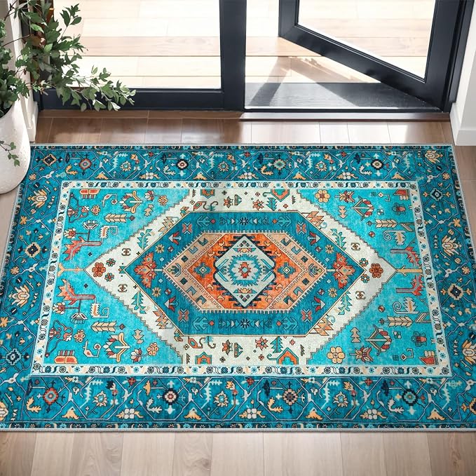 SERISSA 2x3 Washable Non Slip Boho Small Area Rug for Entryway，Blue | Ultra Soft Vintage Oriental Carpet Low-Pile Tribal Indoor Mat for Bedroom Kitchen Bathroom Entrance Floor