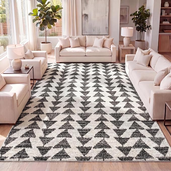 JONATHAN Y Aisha Moroccan Triangle Geometric Cream/Black Indoor Area Rug, 12x18, Contemporary, Modern, Easy-Cleaning for Living Room, Bedroom, Kitchen, Pet Friendly, Non-Shedding (MOH206A-18)