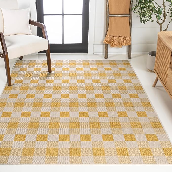 JONATHAN Y Geometric Bold Gingham Indoor Outdoor Area Rug 4X6 Yellow/Cream, Darcy Traditional for Backyard, Patio, Porch, Easy-Cleaning, High Traffic, Pet-Friendly, Non-Shedding (TSN201D-4)