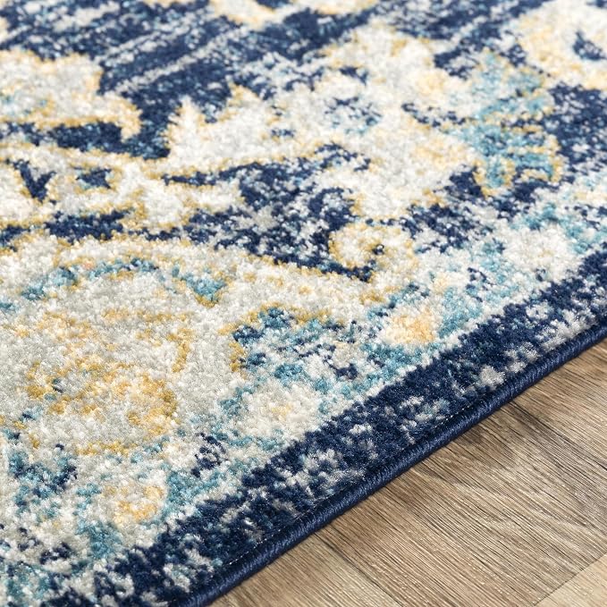 Livabliss Area Rugs - 7x9 Odelia Vintage Boho Blue Aqua Slate Area Rug for Living Room Bedroom - Floral Medallion Stain Resistant Carpet for Kitchen, Nursery, Office (6'7" x 9')