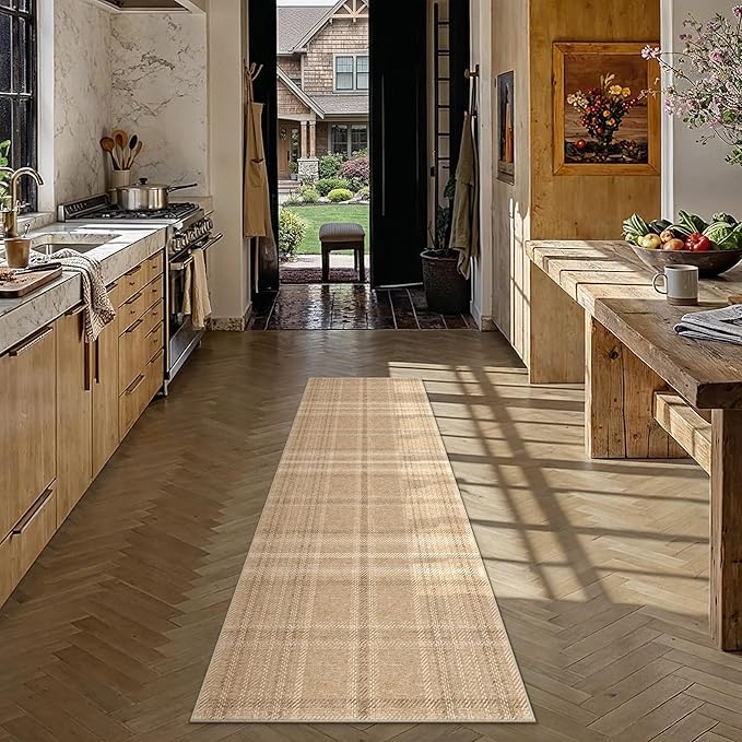 2x6 Brown Plaid Kitchen Runner Rug | Washable, Low Pile, Modern, Neutral, Soft, Non Slip, Rug for Hallway Bathroom Bedroom Nursery Indoor Home Decor