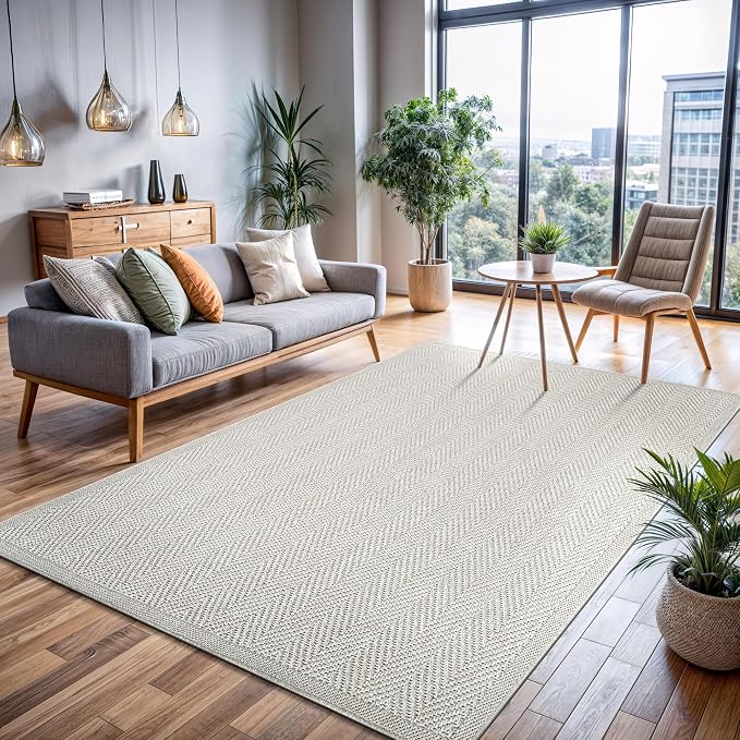 CAMILSON Easy Jute Rug 10x14, Indoor Outdoor Off-White Color Fiber Area Rugs for Living Room and Patio Rug Herringbone Boho Woven Design Easy-Cleaning Washable Outside Carpet Alfombras 10 x 14