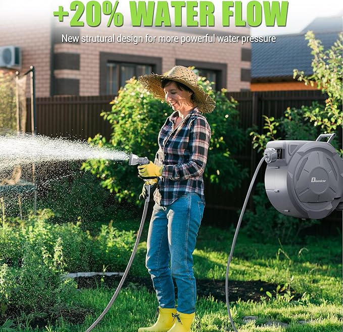 1/2" x 160 ft Retractable Hose Reel, Heavy Duty Retractable Garden Hose Reel Wall Mounted with 10-Pattern Hose Nozzle/Any Length Lock/Slow Return System/180°Swivel Bracket