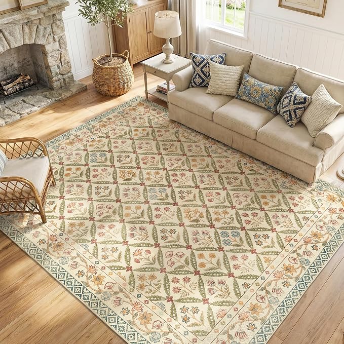 jinchan 8x10 Vintage Floral Washable Large Living Room Area Rug, Teal Blue | Soft & Lightweight, Checkered Floral, Low Pile, Non Slip, Bedroom, Dining Room, Girls Room, Home Office, Cottage Decor