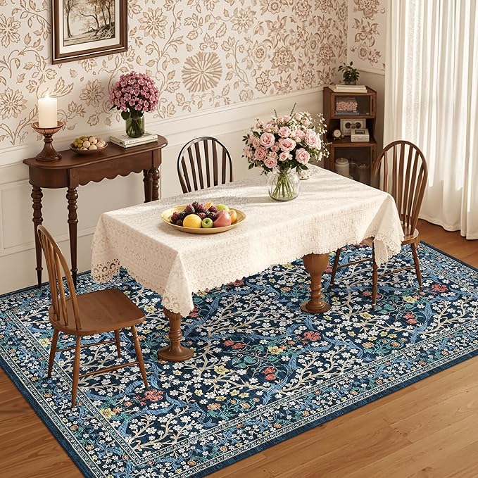 GarveeHome Blue Floral 5x7 Washable Area Rug for Living Room Bedroom | Vintage Stain Resistant Rugs for Large Room Low-Pile Non-Slip Carpet Soft Stain Resistant Botanical Boho Rug TPE Backing