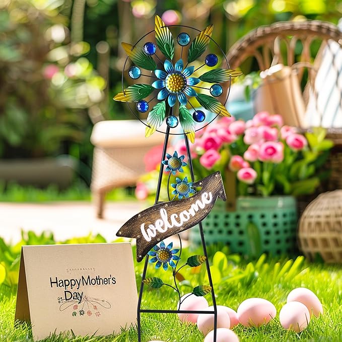 TERESA'S COLLECTIONS Wind Spinners Outdoor Solar Decor, Hummingbird Metal Windmill for Yard Decorative Garden Stakes for Porch,Garden,Yard,26''