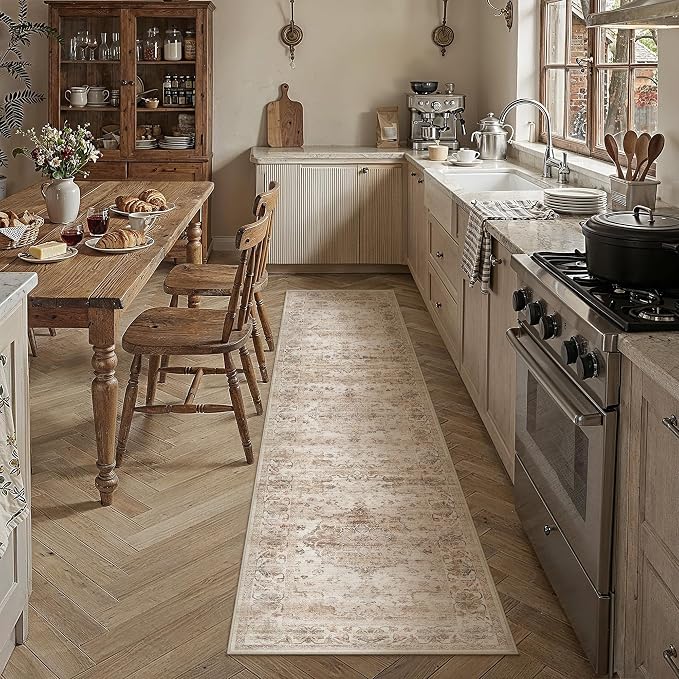 Beige Runner Rug 2x8 Kitchen Vintage Floral Non-Slip Carpet | Machine Washable, Soft, Low Pile, Distressed, for Hallway, Entryway, Laundry Room, Bathroom, Retro Neutral Decor