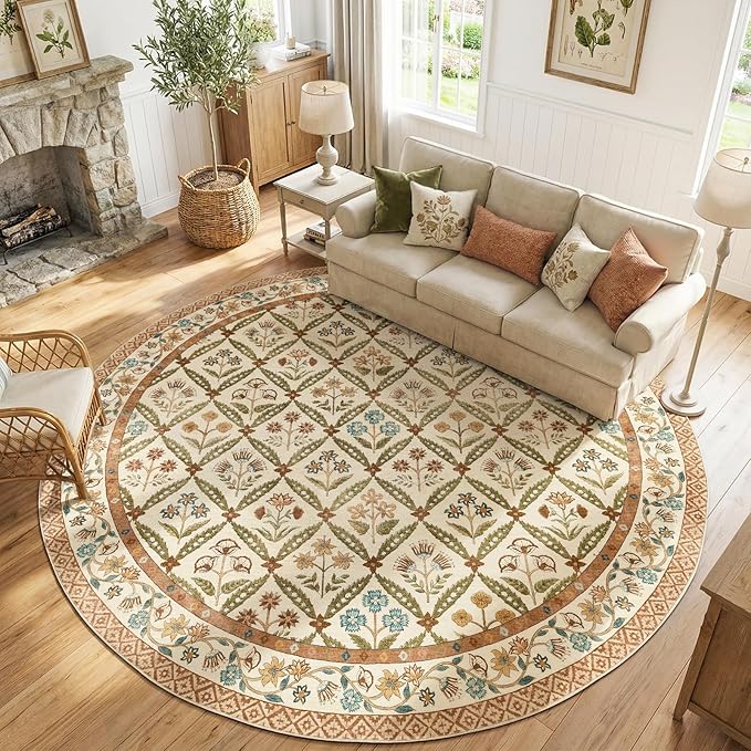 jinchan Round Rug 8ft Vintage Floral Washable Circle Area Rug, Terracotta | Soft & Lightweight, Checkered Floral, Low Pile, Non Slip, Dining Room, Living Room, Bedroom, Girls Room, Kids Room Decor