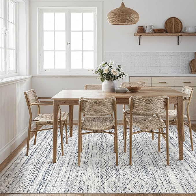 Tortania Area Rug Living Room Rugs- 12x18 Washable Large Soft Neutral Boho Moroccan Bohemian Farmhouse Rug Indoor Floor Carpet for Bedroom Under Dining Table Home Office Decor - Dark Blue