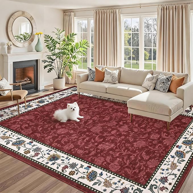 Garvee 8x10 Vintage Floral Washable Rugs for Living Room Bedroom Rug | Red Boho Border Area Rug Stain Resistant Easy Cleaning Throw Rugs Low Pile Floor Cover for Nursery Dining Room Apartment