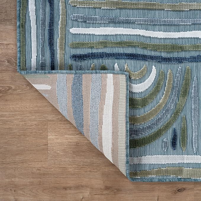 CAMILSON Indoor Outdoor Rug, Aqua 10x14 Geometric Arch Striped Large Area Rugs for Patio and Home Areas, Easy-Cleaning Non-Shedding Living Room, Garden and Deck Washable Outside Carpet (10 x 14)