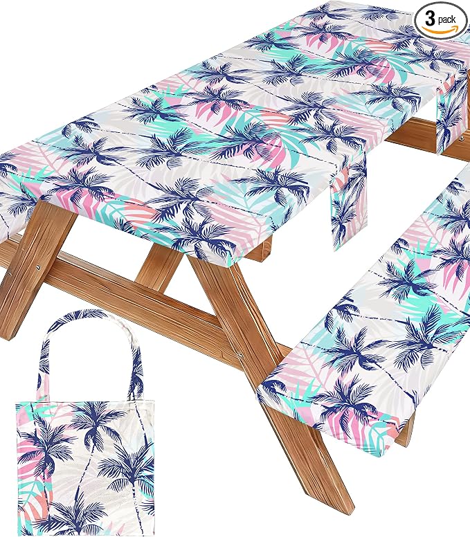 Picnic Table Cover with Bench Covers Waterproof Fitted Table Cloth Tablecover Camp Camper Camping Essentials Outdoor Beach Summer River Water Motorhome Trailer Road Trip Tent Rv Car Travel Activities