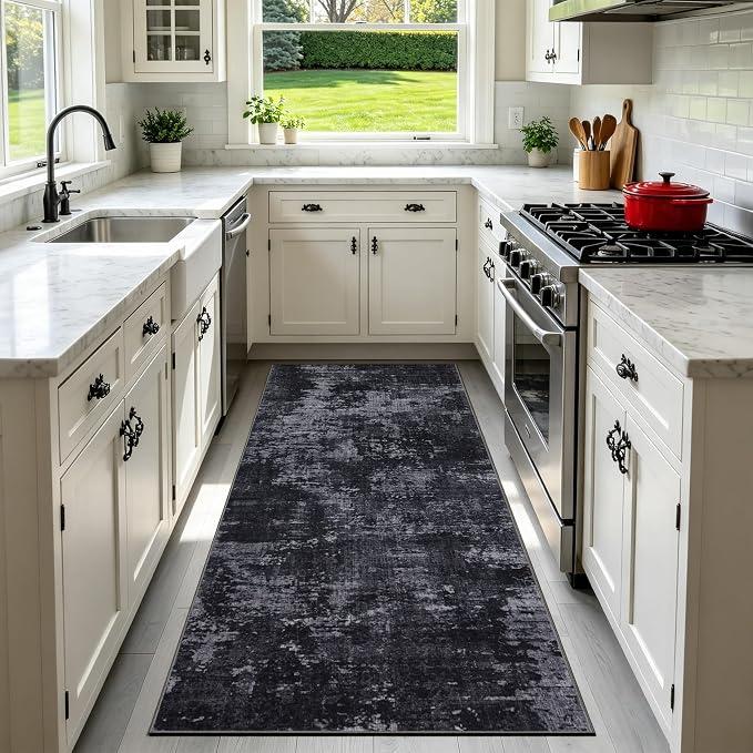 Sasttie 2x6 Runner Rug, Modern Abstract Hallway Carpet, Black & Grey | Machine Washable, Ultra-Soft Faux Wool, Low Pile, Non-Slip, Thin, for Entrance, Entryway, Kitchen & Laundry Room