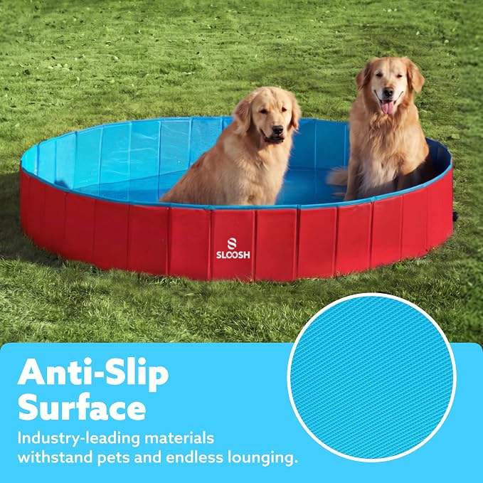 SLOOSH Foldable Dog Kiddie Pool - Portable Hard Plastic Doggie Swimming Pool, Anti-Slip Collapsible Pets Bath Tub Suitable for Kids Toddler Indoor Outdoor Backyard Use (Red, 63" x 12")