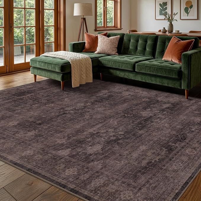 Farmhouse Dark Taupe Brown Rug for Dining Room Table- 6x9 Large Area Rugs for Living Room, Vintage Boho Washable Rug for Bedroom with Distressed Geometric Design, Stain Resistant Low Pile Non-Slip