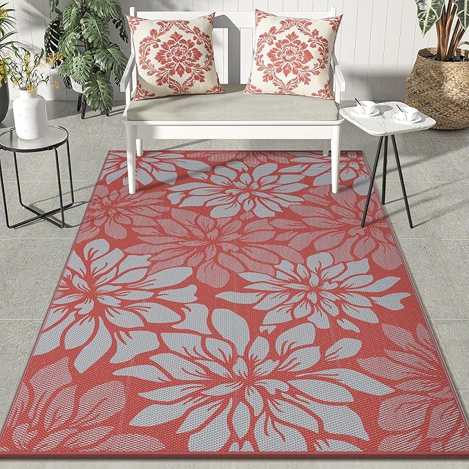 GENIMO Outdoor Rug Waterproof for Patio Decor, 9' x 12' Reversible Plastic Straw Floral Camping Carpet, Large Area Rugs Mats for RV, Camper, Deck, Balcony, Porch, Beach, Picnic, Red & Grey