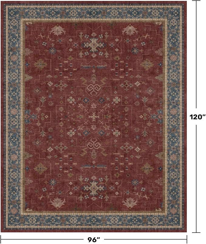 Oriental 8x10 Large Area Rugs for Living Room - Burgundy Rug for Bedroom Under Bed, Dining Room Under Kitchen Table, Washable Soft Non Slip Unique Indoor Décor
