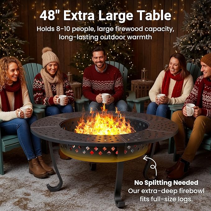 Wisteria Lane 3 in 1 48" Extra Large Fire Pit for Outside Wood Burning with 2 Adjustable Grills, Outdoor Fireplace with Lid and Fire Poker, BBQ & Bonfire & Round Metal Table for Patio, Backyard
