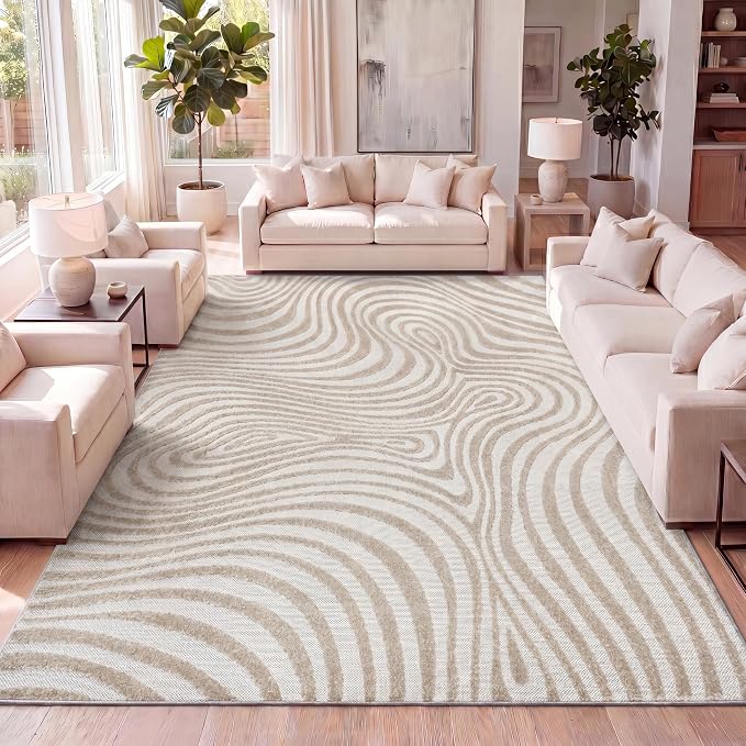 JONATHAN Y Maribo High-Low Abstract Striped Beige/Cream 8x10 Indoor/Outdoor Area Rug for Patio, Backyard, Living Room, Bedroom, Office, Hose-Washable (SCN103D-8)