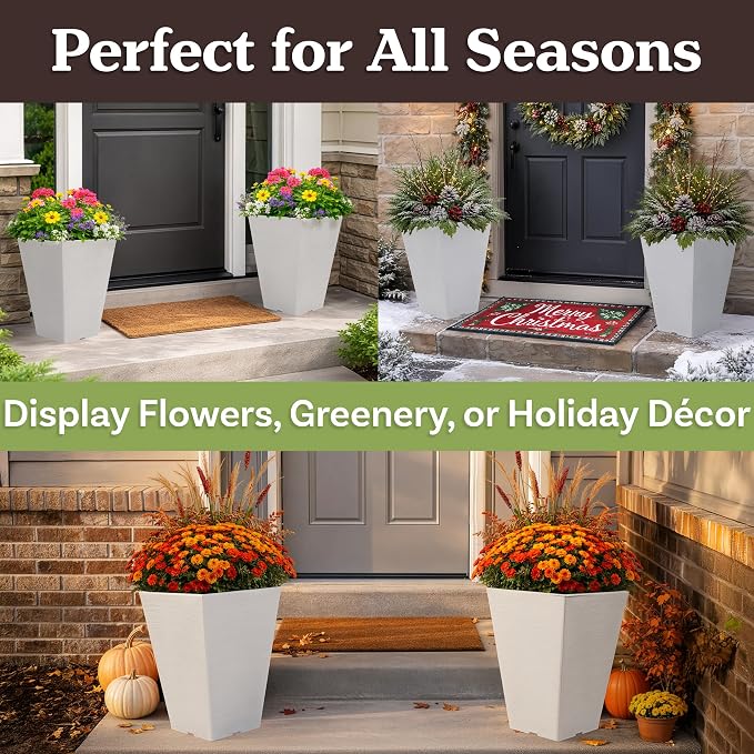 Large Outdoor Planters 2-Pack - 13.75-Inch Tall Planters for Outdoor Plants or Indoor Pots for Plants - Plastic Flower Pots for Patio, Entryway, or Front Porch Decor by Pure Garden (White)