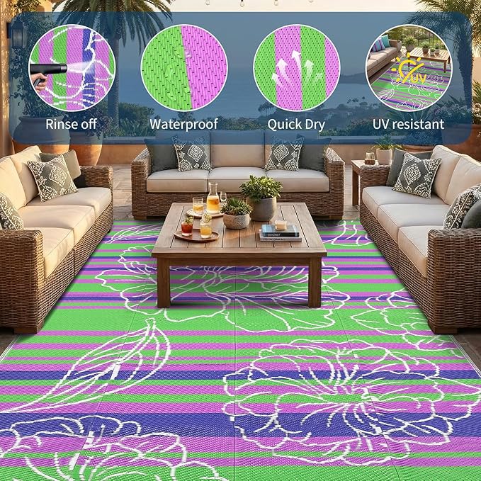 Garvee 5x8 Plastic Straw Outdoor Waterproof Rug, Floral Reversible Patio Rug, Portable Camping Mat for RV, Picnic, Beach, Balcony, Garden and Camping Lightweight&Easy to Carry, Green
