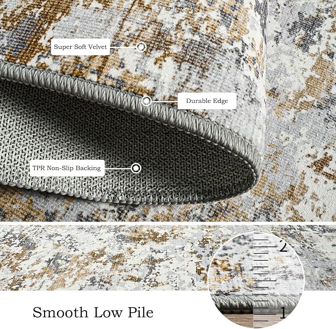 Toneed Washable 6x9 Area Rug with Non-Slip Backing for Living Room | Abstract Modern Rugs, Soft Low Pile Carpet for Bedroom Kitchen Dining Room Nursery Indoor Floor Home Decor, Brown Grey Gold