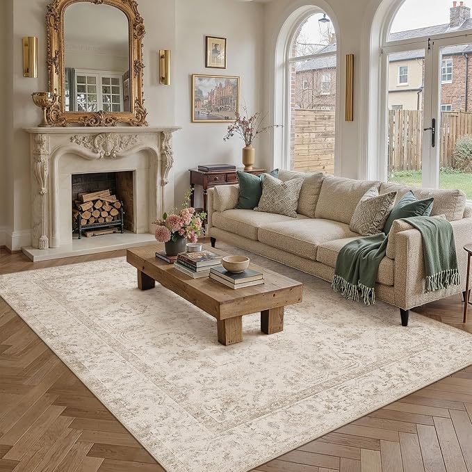 9x12 Beige Neutral Living Room Area Rug | Washable, Low Pile, Accent, Vintage, Soft, Non Slip, Large Carpet for Bedroom Dining Room Nursery Indoor Home Decor