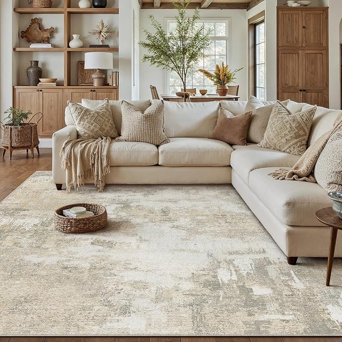 9x12 Beige Grey Modern Abstract Washable Area Rug for Living Room | Low Pile, Non Slip, Modern Abstract Style, Soft Large Area Rug for Living Room, Bedroom, Dining Room, Office, Home Decor
