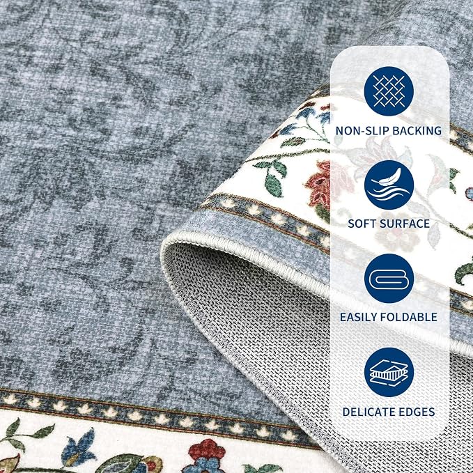 Garvee 6x9 Area Rugs Vintage Floral Washable Rugs Soft Rug | Grey Boho Border Area Rug Stain Resistant Easy Cleaning Throw Rugs Non Shedding Low Pile Floor Cover for Nursery Dining Room