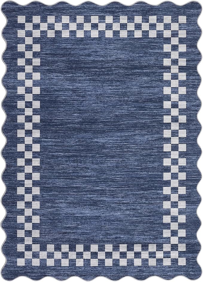 Small Area Rug 2x3 Modern Checkered Entry Rug Solid Color Scalloped Kitchen Rugs Washable Bedroom Doormat Non Slip Stain Resistant Bordered Throw Carpet for Living Room Nursery Laundry, Blue