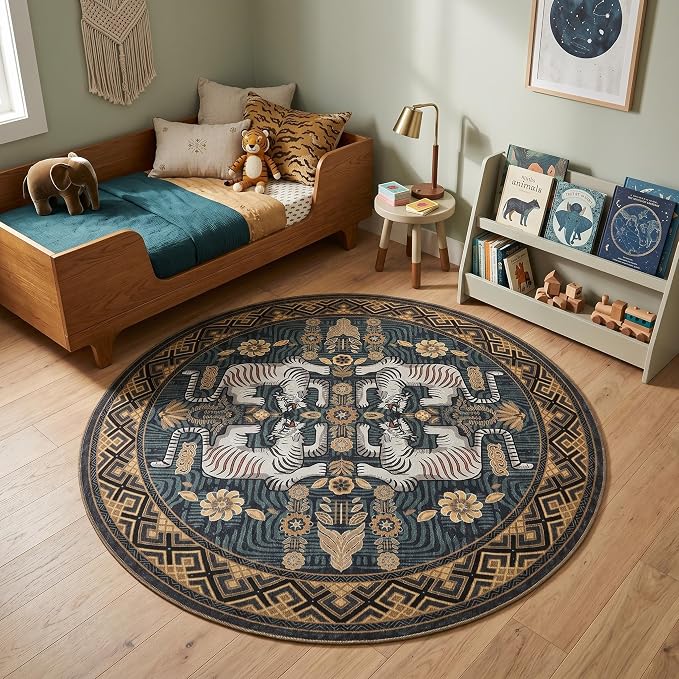 GarveeHome Tiger Round Area Rugs Boho Kids Room Non Slip Washable Vintage | 6ft Blue Animal Print Circle Rugs, Tribal Floor Carpet for Dining Room Entryway Nursery Playroom Office