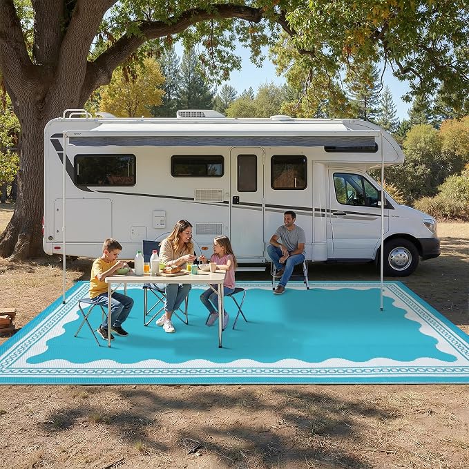 Garvee Outdoor Rug 5x8 Scalloped Waterproof Patio RV Outdoor Rugs Reversible Foldable Plastic Straw Rug Modern Camping Carpet for Deck Camper Porch Balcony Backyard Picnic Beach Light Blue