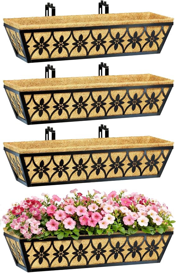 24 Inch Window Boxes Planters Railing Planter Box - 6 Pack Deck Railing Planter Boxes with Adjustable Brackets Coco Liners Balcony Planters Railing Hanging for Window Flower Boxes Outdoor Garden Decor