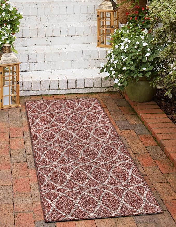 Unique Loom Outdoor Trellis Collection Area Rug - Gitter (2' x 6' 1" Runner, Rust Red/ Ivory)