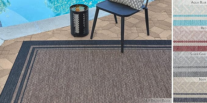Gertmenian Indoor/Outdoor Flatweave Area Rug - 8x10 Large, Stain & UV Resistant, Ideal For Deck, Patio, Poolside, Mudroom - Simple Border, Black, 21359