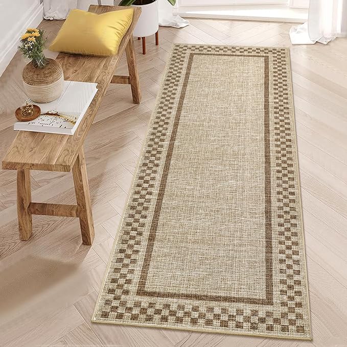 GarveeHome Washable Runner Rug 2x10 Modern Bordered Hallway Runner Rug | Non Slip Kitchen Throw Carpet Checkered Bathroom Entryway Low Pile Solid Area Rugs for Living Room Bedroom Nursery, Taupe