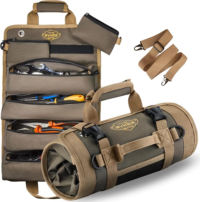 Ryker Original Heavy Duty Roll Up Tool Bag Organizer w/Detachable Pouches | Tool Roll Up Bag Dad Gifts for men / him. Portable Truck & Motorcycle accessories. Mechanic & Electrician Rollup Tools Bags
