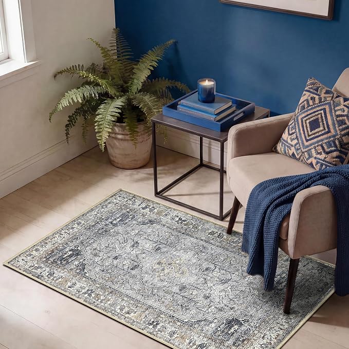 Keen Home Design Vintage Washable Entryway Rug, Non-Slip Low Pile, 2x3 | Machine Washable Cotton Chenille, 0.25In Low Pile, Rubber Non-Slip Back; Kitchen, Entryway, Bathroom, Bedside