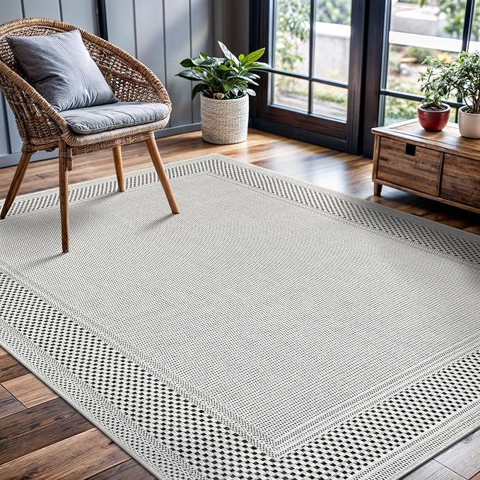 CAMILSON Easy Jute Rug 8x10, Indoor Outdoor Off-White Color Fiber Area Rugs for Entry, Living Room and Bedroom Rug, Bordered Boho Woven Design, Easy-Cleaning, Washable Outside Carpet (8 x 10)