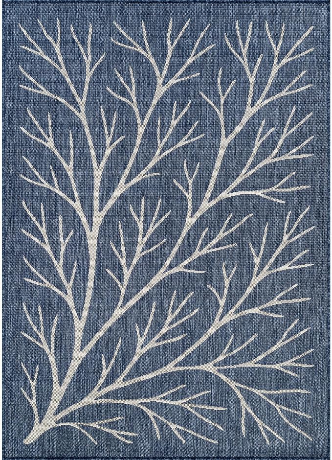 Washable Indoor Outdoor Rug 8x10 Modern Area Rugs Branch Pattern Non Shedding Waterproof Easy Clean Patio Deck Porch Living Room Bedroom Garden RV (8 X 10 Blue)