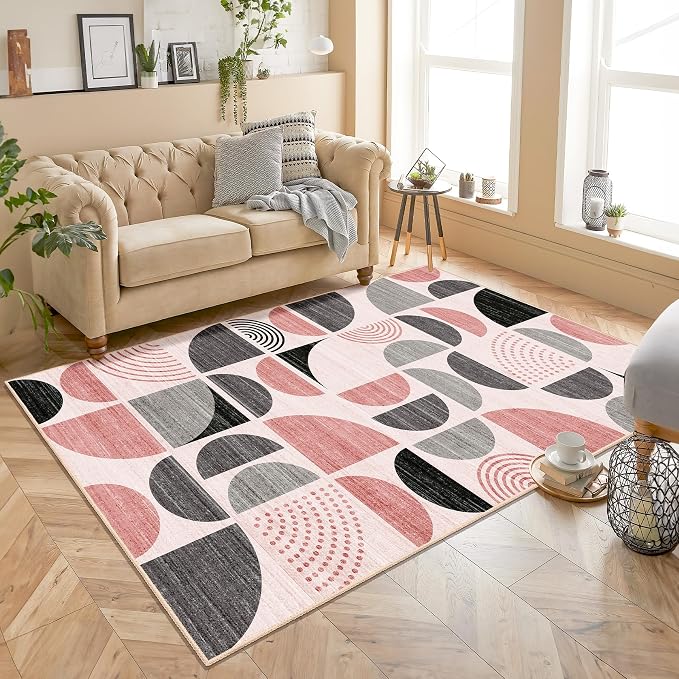 Pink Rug Boho Washable,4x6.5 Area Rugs for Bedroom Entryway Living Room Bedside,Small Throw Floor Carpet Non Slip Soft Indoor Modern Abstract Pink and Grey