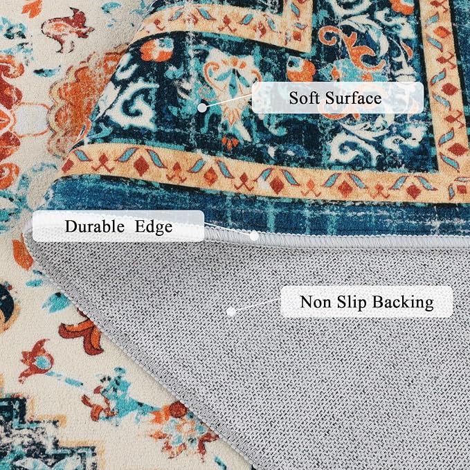 U'Artlines Boho Vintage Area Rug 8x10 Machine Washable Carpet,Orange/Multi | Low Pile, Non Slip, Ultra-Thin Soft Floor Carpet, Accent Rug for Living Room Bedroom Entryway Dining Room Office
