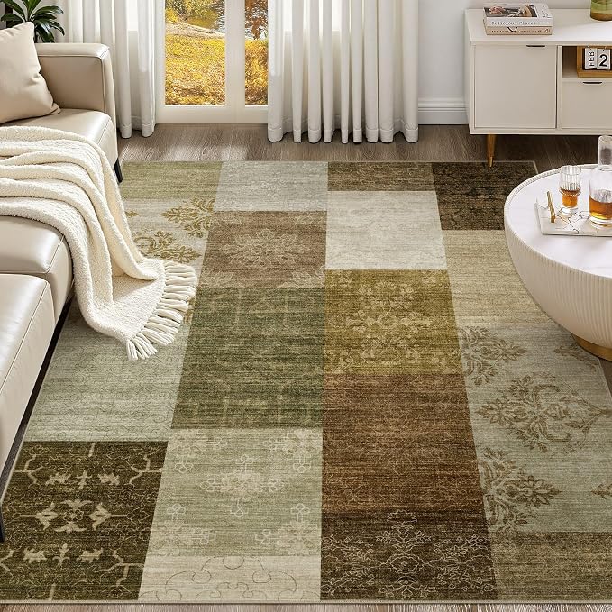 UERMEI 6x9 Area Rug for Living Room - Washable Neutral Modern Abstract Carpet, Non-Slip Soft Large Indoor Floor Rugs for Bedroom Home Office & Under Dining Table Decor, Brown/Green