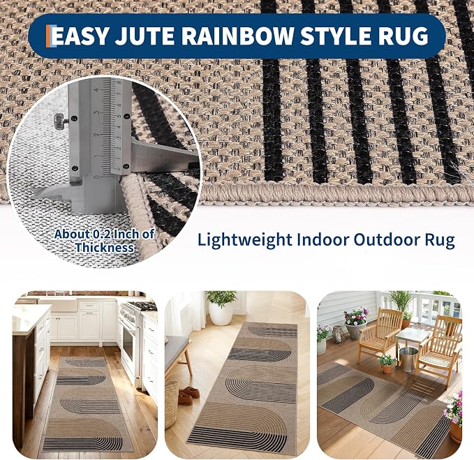 GarveeHome Modern Rainbow Easy Jute Runner Rug, 2x8 Rug for Hallways - Non-Slip Indoor Outdoor Carpet, Washable for High Traffic Laundry Room, Kitchen, Entryway