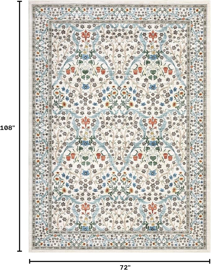 GarveeHome 6x9 Washable Area Rug for Living Room, Floral Dining Room Rugs for Under Table, Low Pile Non-Slip Stain Resistance Floor Carpet for Bedroom, Beige