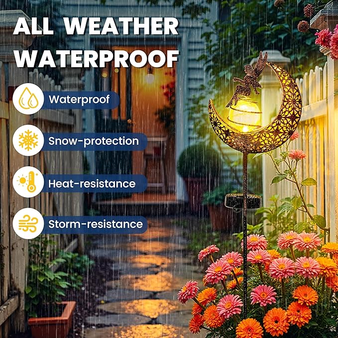 Fairy Garden Solar Lights Outdoor Decor, Moon Garden Stakes, Waterproof Outdoor Metal Decorations Gifts for Women and Mom, Art Moon Sculpture for Walkway, Yard, Patio, Garden and Porch, 2 Pack