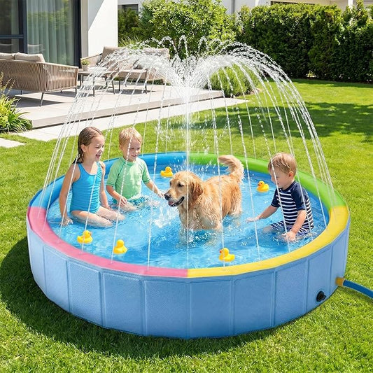 Foldable Dog Pool with Sprinkler, Ideal Splash Pool Swimming Pools | Large 63” Dog Pool, Splash Pad, Hard Plastic, Non Slip, Portable Dog Swimming Pool for Outdoor Backyard