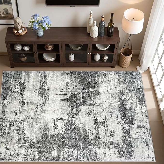 Tosuoka 5x7 Area Rugs for Living Room Abstract Washable Black Rug | With Anti-Slip Backing，Non-Shedding，Stain-Resistant，Soft Modern Large Carpet for Bedroom Dining Room Farmhouse Nursery